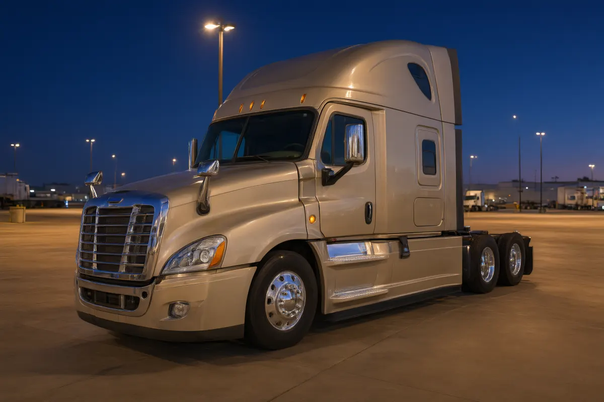 Beige Freightliner Cascadia sleeper tractor parked at dusk